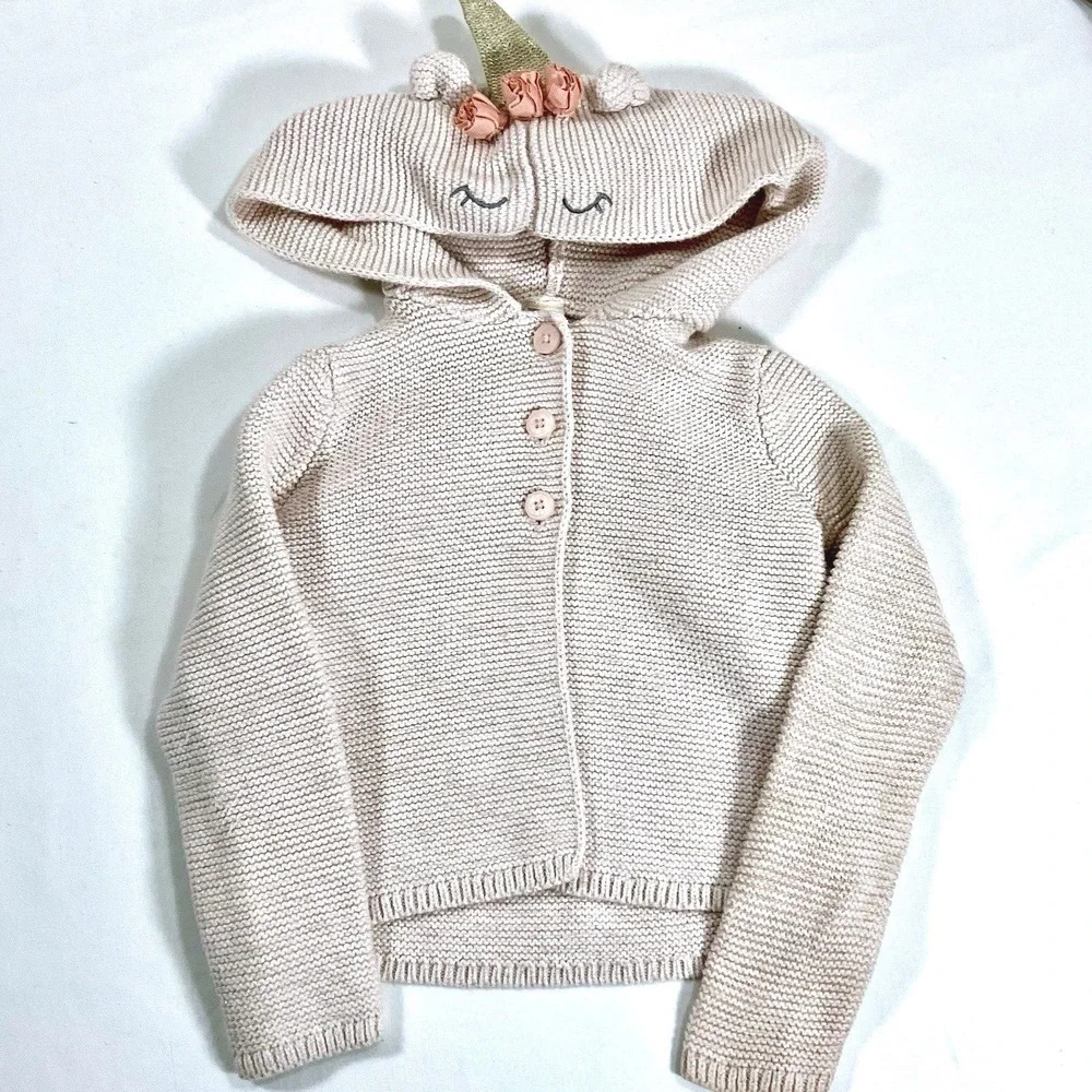 Oshkosh B'gosh Toddler Girls 3T Unicorn‎ Sweater Hooded Cardigan Knit Pink Cute